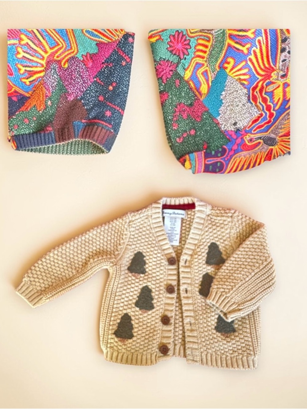 Tommy Bahama Kids Cream Knit Cardigan with Green Pine Tree Patches Unisex 0-3M - Picture 5 of 9